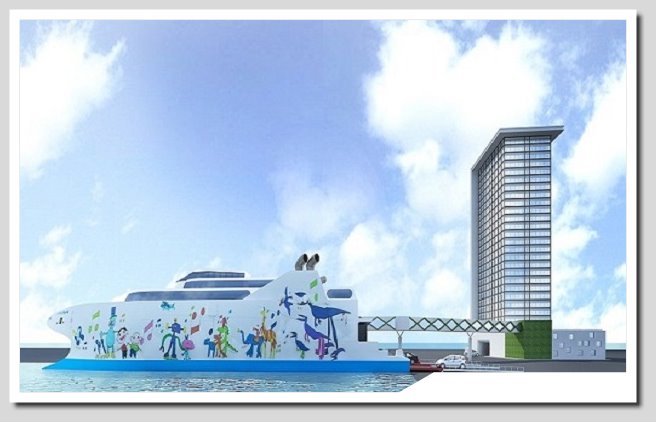 靠港麗娜輪與大廈景示意圖
